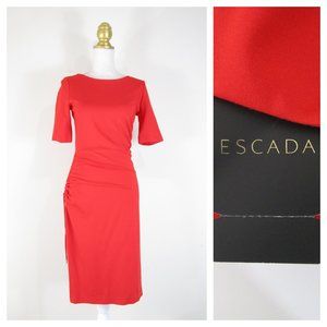Escada Solid Red Side Ruched Pleated Sheath Dress 34 US 4 XS